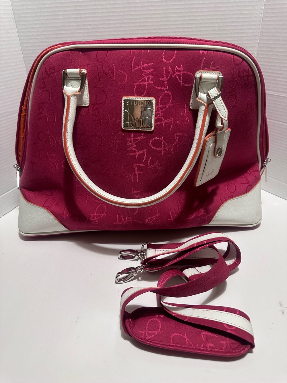 Studio By DVF Travel Tote Fuchia and White Satchel Laptop Weekend Bag